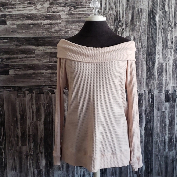 Cherish Waffle Knit Off the Shoulder Top EUC Large neutral cream ivory tan - Picture 1 of 8